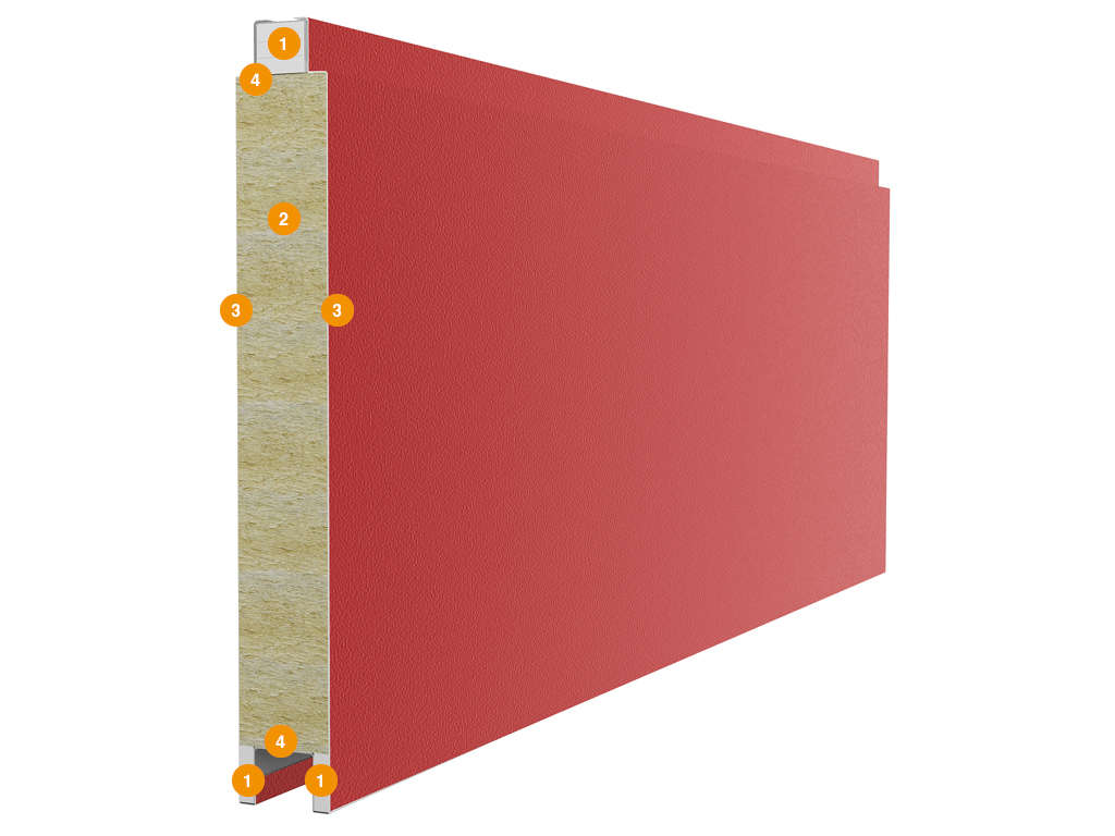 Панели противопожарных сдвижных ворот состоят из двух стальных листов и минераловатной прослойки между ними, с боковой стороны закладывается гипсокартон с усиливающими профилями. Панели обладают повышенными жароустойчивыми и огнеупорными свойствами.Также панели устойчивы к широкому спектру химикатов, масел и растворителей, а полимерные покрытия внешних поверхностей делают их невосприимчивыми к коррозионному воздействию окружающей среды. <p>Конструкция панели: 1) гипсокартон; 2) минераловатная прослойка плотностью 130 кг/м³; 3) стальной лист толщиной 0,5 мм; 4) усиливающие профили.